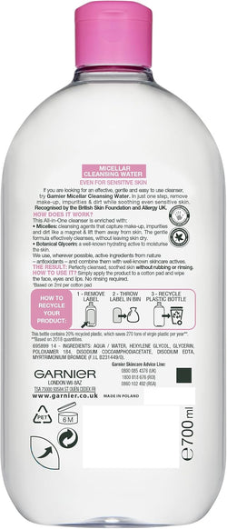 Garnier Micellar Water 700ml – All-in-One Face Cleanser & Makeup Remover for Sensitive Skin